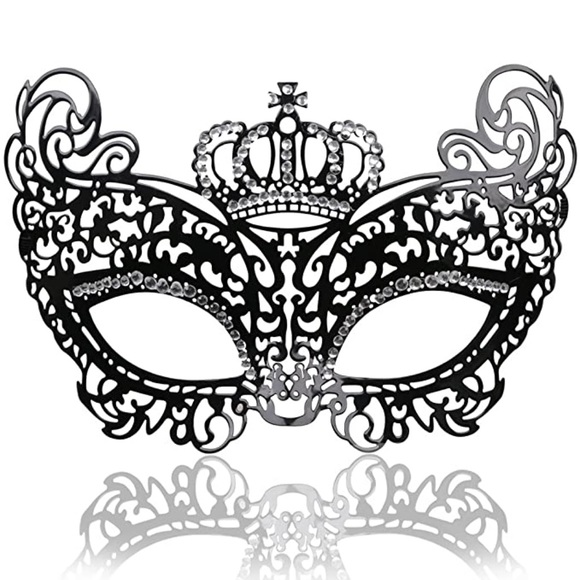 Black Metal and Crystal Venetian Masquerade Mask - Picture 2 of 16
